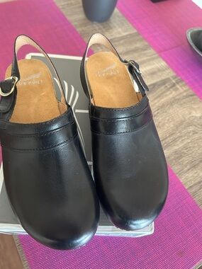 Dansko Black Leather Slingback Clogs with Buckle